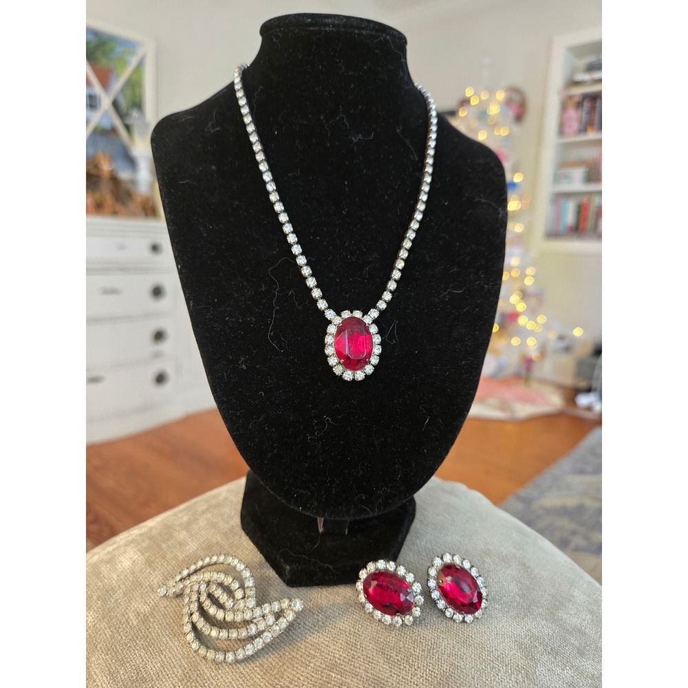 Red Clear Rhinestone Set Necklace Earrings Brooch Vintage Elegant Valentines